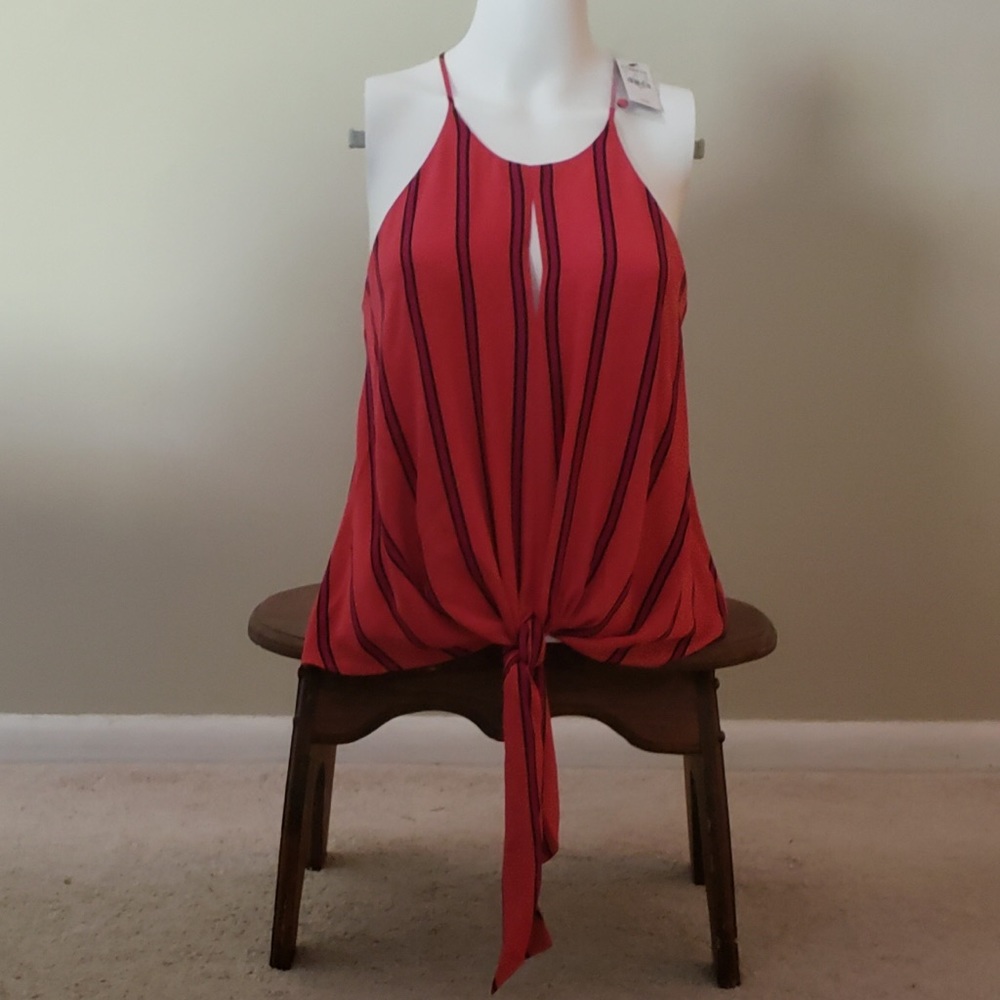 Express Striped Tie Hem High High Neck Tank